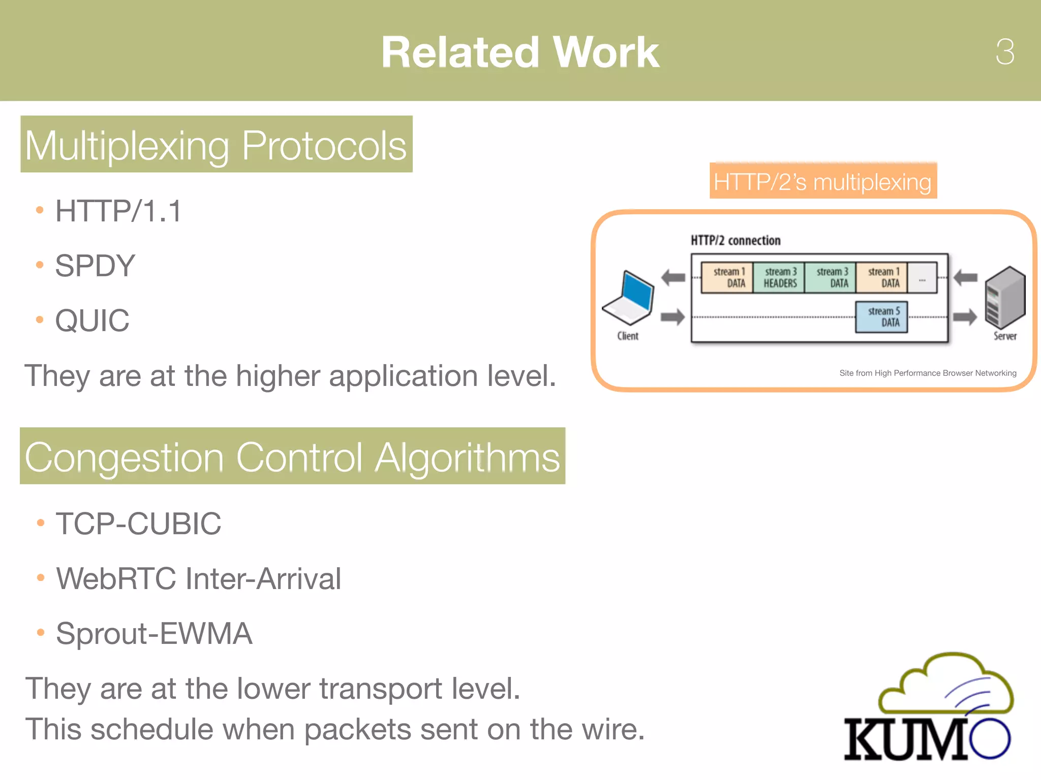 Related Work 3
Multiplexing Protocols
HTTP/1.1 
SPDY
QUIC 
They are at the higher application level.
Congestion Control Algorithms
Site from High Performance Browser Networking
HTTP/2’s multiplexing
TCP-CUBIC 
WebRTC Inter-Arrival
Sprout-EWMA 
They are at the lower transport level. 
This schedule when packets sent on the wire.
 