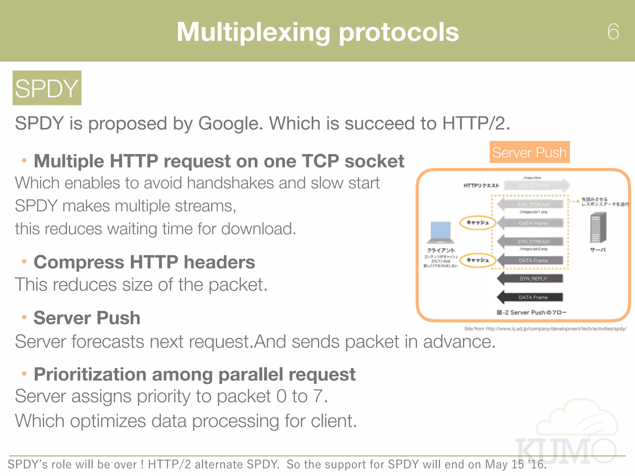Multiplexing protocols 6
SPDY
SPDY is proposed by Google. Which is succeed to HTTP/2.
Multiple HTTP request on one TCP socket
Which enables to avoid handshakes and slow start 
SPDY makes multiple streams,  
this reduces waiting time for download.
Compress HTTP headers
This reduces size of the packet.
Site from http://www.iij.ad.jp/company/development/tech/activities/spdy/
Server Push
Server Push
Server forecasts next request.And sends packet in advance.
Prioritization among parallel request
Server assigns priority to packet 0 to 7.
Which optimizes data processing for client.
 