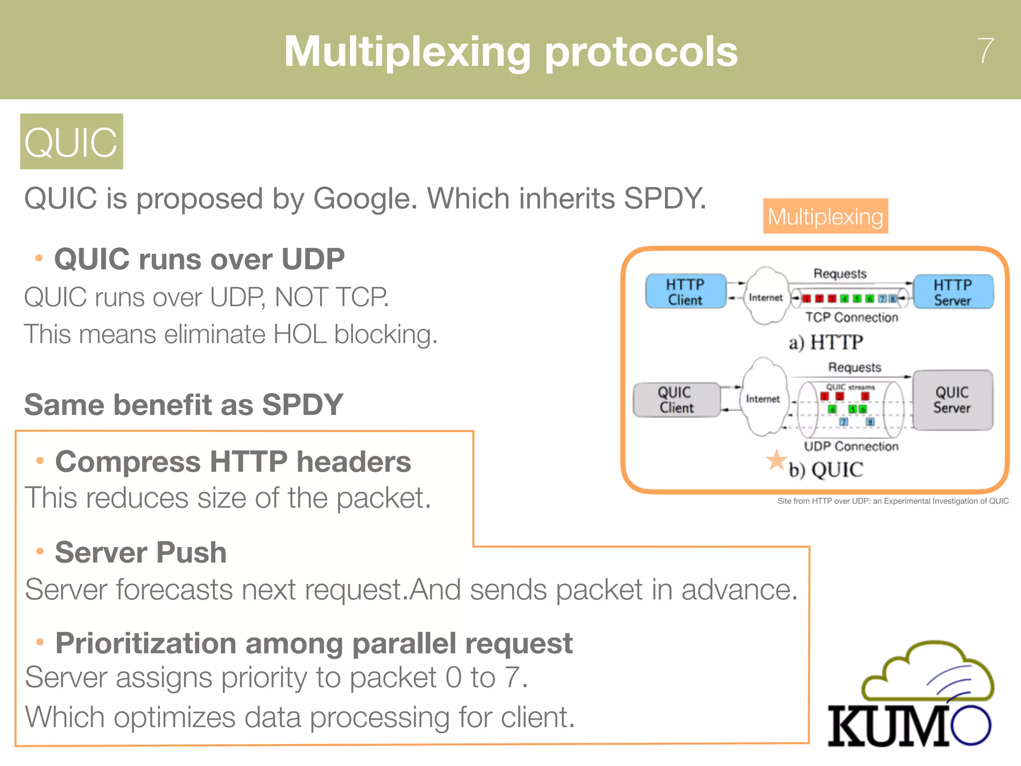 Multiplexing protocols 7
QUIC
QUIC is proposed by Google. Which inherits SPDY.
QUIC runs over UDP
QUIC runs over UDP, NOT TCP.  
This means eliminate HOL blocking.
Compress HTTP headers
This reduces size of the packet. Site from HTTP over UDP: an Experimental Investigation of QUIC
Multiplexing
Server Push
Server forecasts next request.And sends packet in advance.
Prioritization among parallel request
Server assigns priority to packet 0 to 7.
Which optimizes data processing for client.
Same beneﬁt as SPDY
 