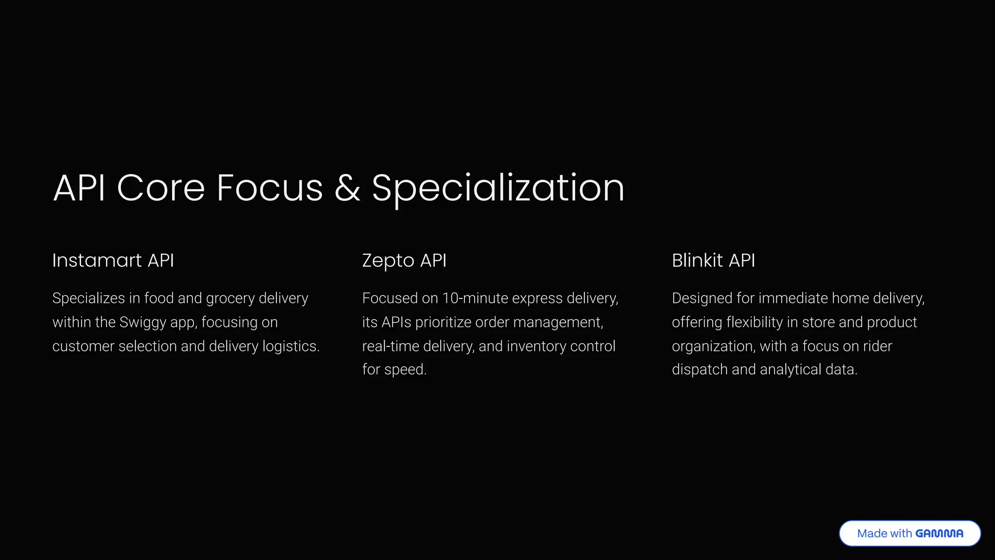 API Core Focus & Specialization Instamart API Specializes in food and grocery delivery within the Swiggy app, focusing on customer selection and delivery logistics. Zepto API Focused on 10-minute express delivery, its APIs prioritize order management, real-time delivery, and inventory control for speed. Blinkit API Designed for immediate home delivery, offering flexibility in store and product organization, with a focus on rider dispatch and analytical data. 