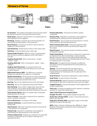 Air Inclusion:  The ambient atmosphere forced into the system
during the connection of the quick disconnect halves.
Break-Away:  Automatic disconnection of a coupling when an
axial separation force is applied.
Brinelling:  Dimples or grooves worn into the shoulder of a
male half by the locking balls in the female half.
Burst Pressure:  The pressure at which a device loses the
capability to retain pressure.
Case Hardening:  Hardening the surface of low carbon steel.
Cold Flow:  Continued deformation under load.
Connect Under Pressure:  Ability to connect coupling halves
with internal line pressure applied to either both sides or
one side.
Coupling, Female Half:  Other nomenclature “coupler”,
“socket”, “body”.
Coupling, Male Half:  Other nomenclature “nipple”, “plug”,
“adapter”.
Coupling, Quick Disconnect:  A component which can
quickly join or separate a fluid line without the use of tools
or special devices.
Differential Pressure (ÆP):  The difference in pressure
between any two points of a system or a component.
Double-Acting Sleeve:  Permits push-to-connect and pull-to-
disconnect convenience on implement line when female half
is clamp mounted and connected with a hose.
Dust Cap:  Dust or dirt repelling enclosure for both halves.
Dust Plug:  Dust or dirt repelling enclosure both halves.
Flow Checking:  Occurs when a nipple valve closes during
flow conditions, such as when quickly lowering a heavy
implement.(Also called Check Off, Back Checking or Lock-up.)
Flush Position (Valve):  When the coupler valve is fully open,
allowing maximum oil flow.
Force to Connect:  Axial and/or rotational force required to
make a complete connection.
Force to Disconnect:  The reverse of the above.
Induction Hardening:  Localized hardening of medium
carbon steel.
Peak Pressure:  Maximum momentary pressure encountered
in the operation of a component.
Pressure Cap:  Cap which incorporates a seal capable of
withstanding the rated pressures on the male half.
Pressure Impulse Test:  Subjecting a component to a specified
pressure at a specified rate of increase or decrease for a
specified time limit.
Pressure Operating:  The pressure at which a system
is operated.
Pressure Plug:  Plug which incorporates a seal capable of
withstanding the rated pressures on the female half.
Proof Pressure:  The non-destructive test pressure in excess
of the maximum rated operating pressure.
Push To Connect (Auto Lock):  Locking arrangement which
permits one handed connection by pushing the nipple into
the coupler.
Rated Pressure:  The maximum pressure at which a product
is designed to operate.
Single-Acting Sleeve:  Permits pull-to-disconnect convenience
on implement line when female body is clamp mounted. 
Making connection requires manually pulling female body
forward, inserting male tip, then allowing body and tip to return
to original position in the clamp.
Sleeve Lock:  Arrangement which provides an additional
lock which must be actuated before the locking sleeve can
be retracted.
Spillage:  The fluid removed from the system due to
disconnection of a coupling assembly.  This is the fluid
trapped between the mating seal and the valve seal of the
coupling halves.
Surge Pressure:  The pressure existing from surge conditions.
Surge Flows:  A rapid increase in fluid flow.
Thermal Build-Up:  Hydraulic pressure caused by expansion of
the fluid due to heat from an external source such as sunlight.
Trapped Pressure:  Pressurized hydraulic fluid trapped behind
closed coupling valve.
Twist Lock:  A locking arrangement which requires a rotational
actuation to unlock the mating halves.
Types of Quick Disconnect Coupling Valves:
Straight-Thru (ST):  This provides straight through flow.
Double Shut-off Valve (DSO):  A valve in the female half and a
valve in the male half.
Single Shut-off Valve (SSO):  Generally, a valve in the female
half with no valve in the male half.
NOTE:  Refer to Parker’s Publication No. 3800-B1.0: Safety
Guide for Selecting and Using Quick Action Couplings and
Related Accessories.
Glossary of Terms
	 Coupler 	 Nipple 	 Coupling
 