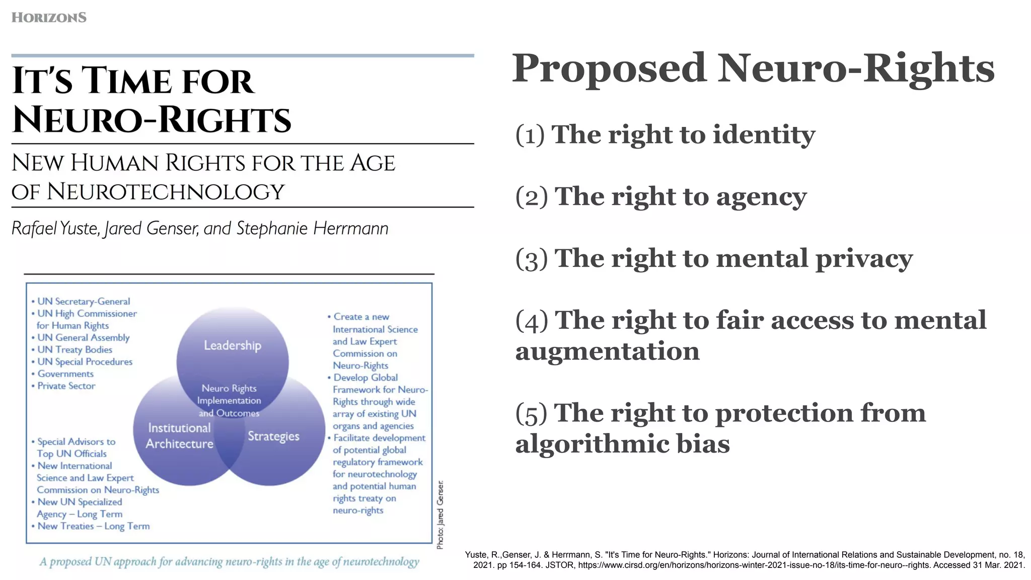 (1) The right to identity
(2) The right to agency
(3) The right to mental privacy
(4) The right to fair access to mental
augmentation
(5) The right to protection from
algorithmic bias
Proposed Neuro-Rights
Yuste, R.,Genser, J. & Herrmann, S. "It's Time for Neuro-Rights." Horizons: Journal of International Relations and Sustainable Development, no. 18,
2021. pp 154-164. JSTOR, https://www.cirsd.org/en/horizons/horizons-winter-2021-issue-no-18/its-time-for-neuro--rights. Accessed 31 Mar. 2021.
 