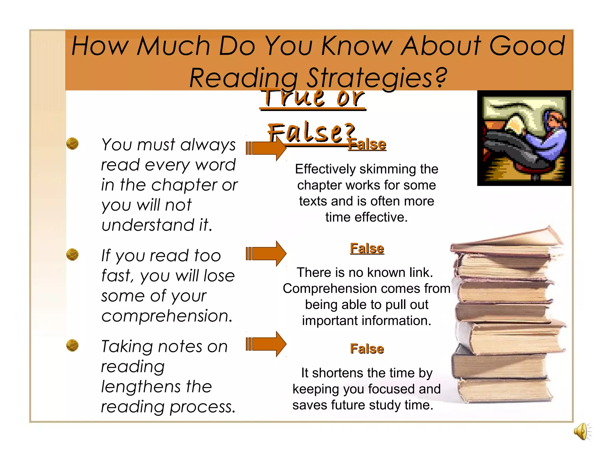 True orTrue or
False?False?You must always
read every word
in the chapter or
you will not
understand it.
If you read too
fast, you will lose
some of your
comprehension.
Taking notes on
reading
lengthens the
reading process.
How Much Do You Know About Good
Reading Strategies?
FalseFalse
Effectively skimming the
chapter works for some
texts and is often more
time effective.
FalseFalse
There is no known link.
Comprehension comes from
being able to pull out
important information.
FalseFalse
It shortens the time by
keeping you focused and
saves future study time.
 