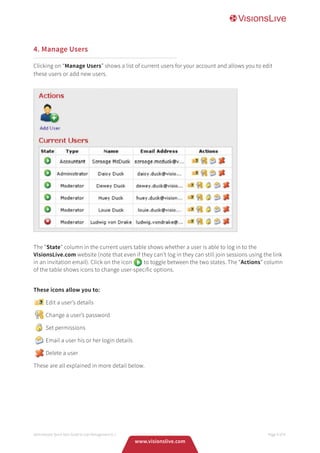 4. Manage Users
Clicking on “Manage Users” shows a list of current users for your account and allows you to edit
these users or add new users.
The “State” column in the current users table shows whether a user is able to log in to the
VisionsLive.com website (note that even if they can’t log in they can still join sessions using the link
in an invitation email). Click on the icon to toggle between the two states. The “Actions” column
of the table shows icons to change user-specific options.
These icons allow you to:
	 Edit a user’s details
	 Change a user’s password
	 Set permissions
	 Email a user his or her login details
	 Delete a user
These are all explained in more detail below.
Administrator Quick Start Guide to User Management V1.7 Page 4 of 8
www.visionslive.com
 
