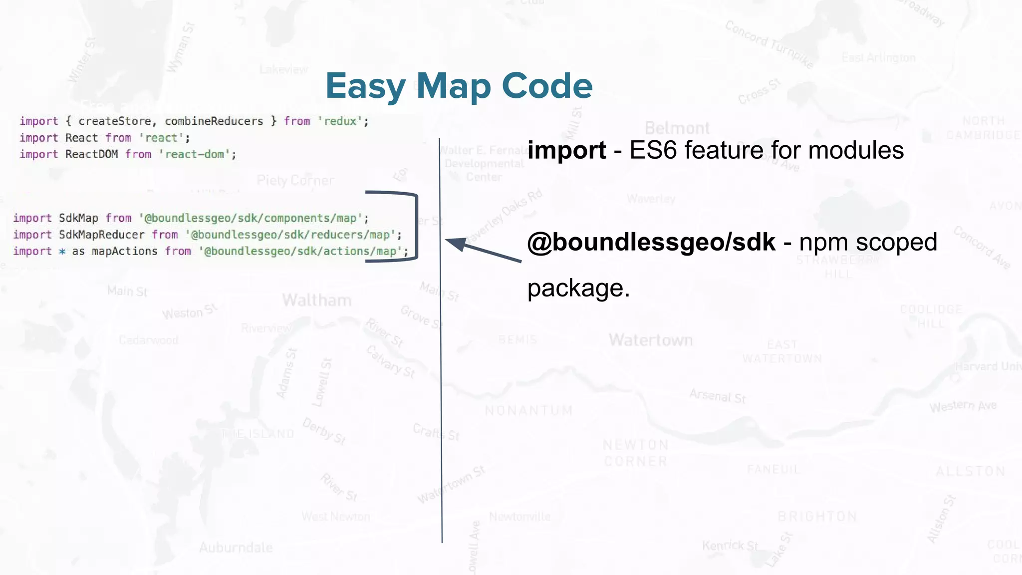 Free and Open Source Software for Geospatial
Easy Map Code
import - ES6 feature for modules
@boundlessgeo/sdk - npm scoped
package.
 