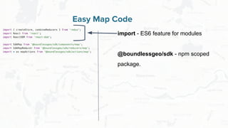 Free and Open Source Software for Geospatial
Easy Map Code
import - ES6 feature for modules
@boundlessgeo/sdk - npm scoped
package.
 