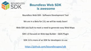 Boundless Web SDK - Software Development Tool
We are in a Beta for 2.0, we will be ready Soon!
Web SDK was built to meet a need to generate easy Web Maps
SDK 1.0 focused on Web App Builder - QGIS Plugin
SDK 2.0 is more of an SDK for developers to use
https://github.com/boundlessgeo/sdk
Boundless Web SDK
is awesome
 