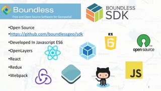8
Free and Open Source Software for Geospatial
•Open Source
•https://github.com/boundlessgeo/sdk
•Developed In Javascript ES6
•OpenLayers
•React
•Redux
•Webpack
 