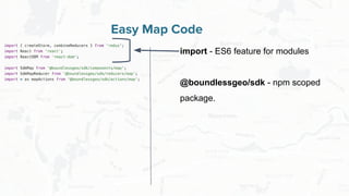Free and Open Source Software for Geospatial
Easy Map Code
import - ES6 feature for modules
@boundlessgeo/sdk - npm scoped...