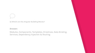 Answer:
Modules, Components, Templates, Directives, Data Binding,
Services, Dependency Injection & Routing
2) Which are the Angular Building Blocks?
 