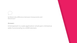 Answer:
A Component is a web application small part. A Directive
adds functionality to a DOM element.
5) What's the difference between Components and
Directives?
 