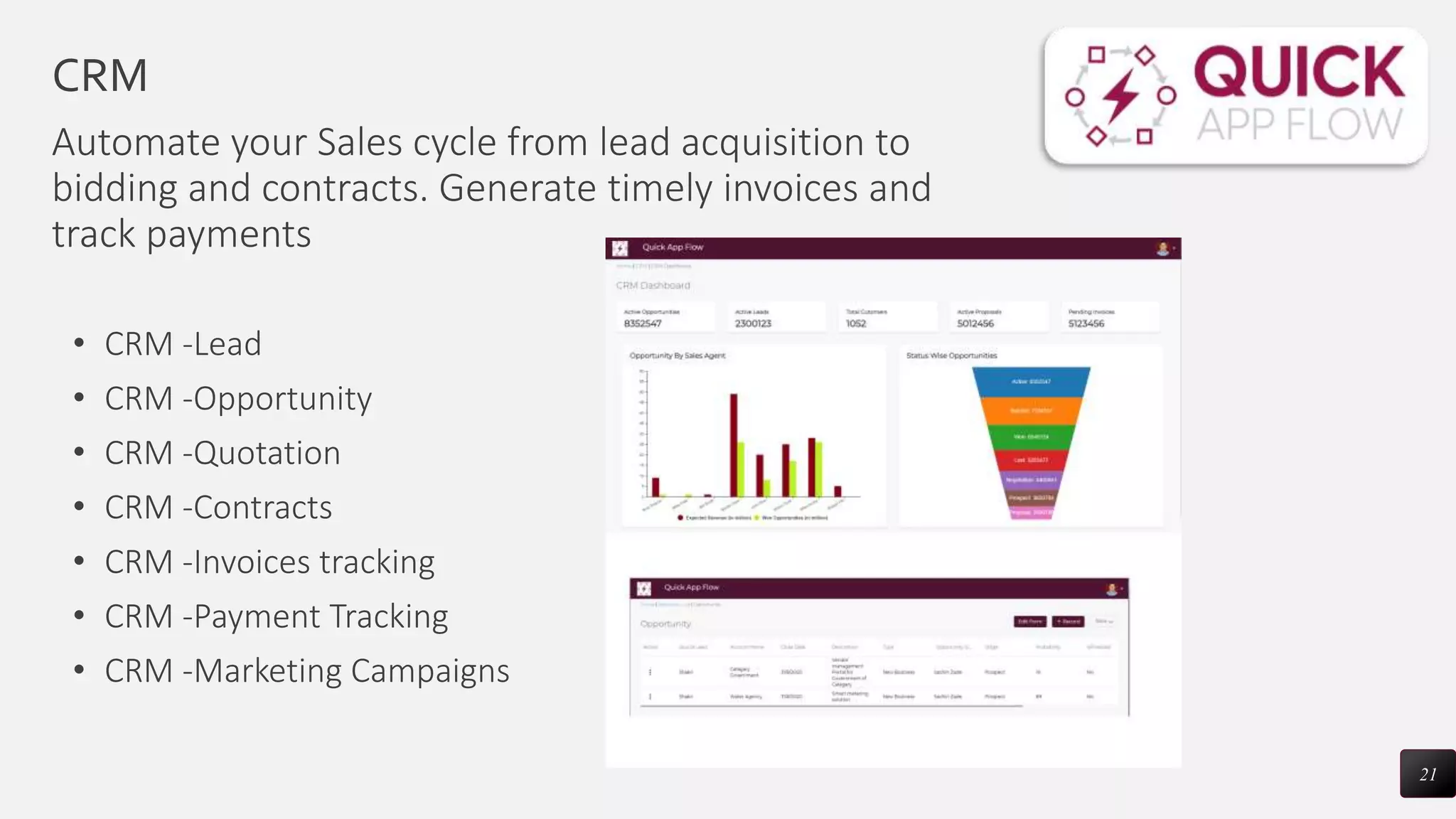 CRM
Automate your Sales cycle from lead acquisition to
bidding and contracts. Generate timely invoices and
track payments
• CRM -Lead
• CRM -Opportunity
• CRM -Quotation
• CRM -Contracts
• CRM -Invoices tracking
• CRM -Payment Tracking
• CRM -Marketing Campaigns
21
 