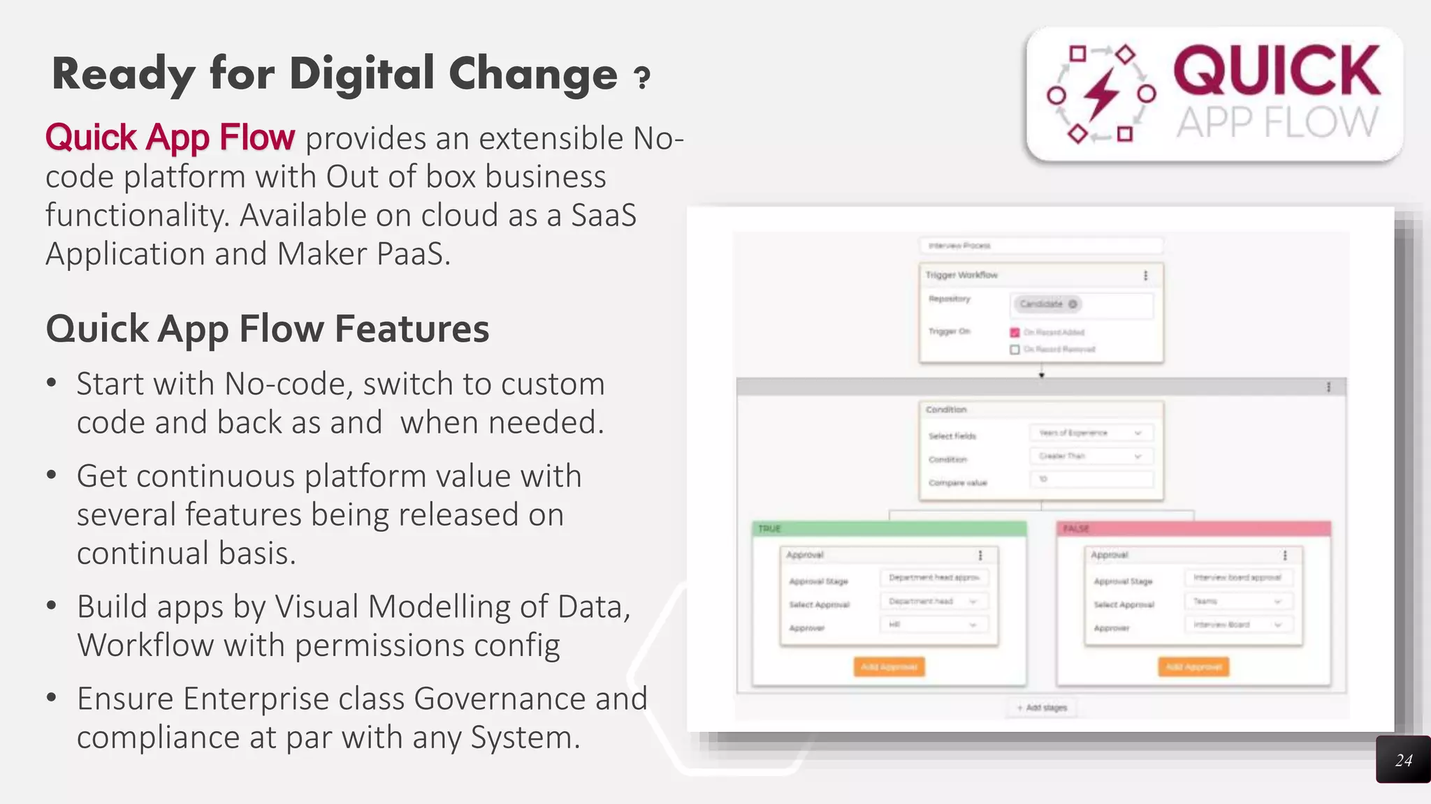 Quick App Flow provides an extensible No-
code platform with Out of box business
functionality. Available on cloud as a SaaS
Application and Maker PaaS.
24
Ready for Digital Change ?
• Start with No-code, switch to custom
code and back as and when needed.
• Get continuous platform value with
several features being released on
continual basis.
• Build apps by Visual Modelling of Data,
Workflow with permissions config
• Ensure Enterprise class Governance and
compliance at par with any System.
Quick App Flow Features
 