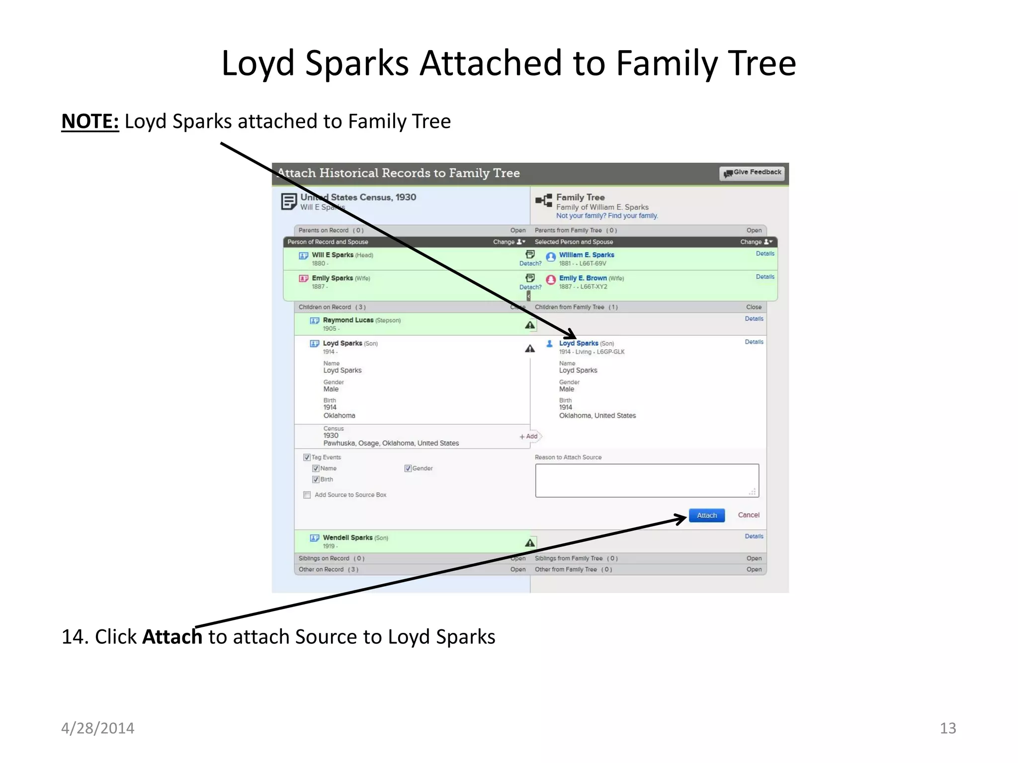 Loyd Sparks Attached to Family Tree
4/28/2014 13
NOTE: Loyd Sparks attached to Family Tree
14. Click Attach to attach Source to Loyd Sparks
 