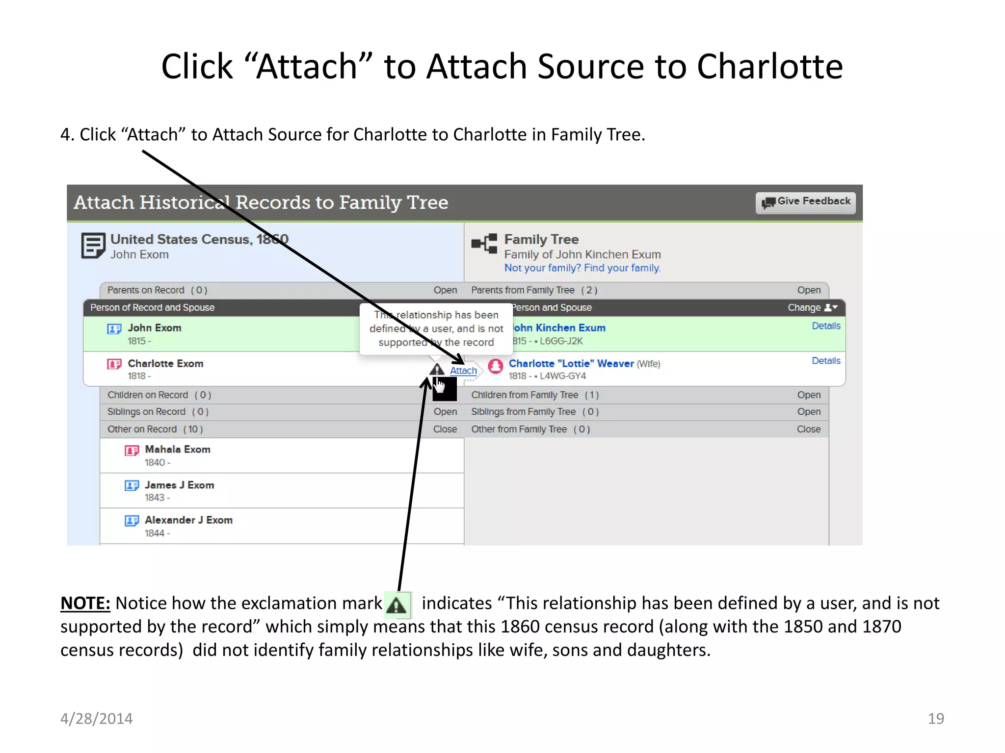 Click “Attach” to Attach Source to Charlotte
4/28/2014 19
4. Click “Attach” to Attach Source for Charlotte to Charlotte in Family Tree.
NOTE: Notice how the exclamation mark indicates “This relationship has been defined by a user, and is not
supported by the record” which simply means that this 1860 census record (along with the 1850 and 1870
census records) did not identify family relationships like wife, sons and daughters.
 