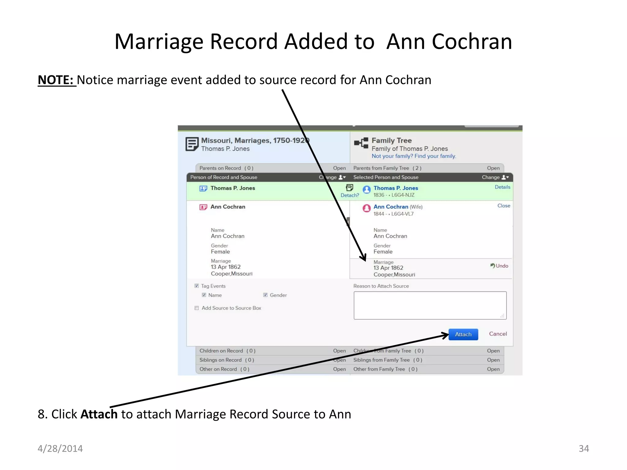 Marriage Record Added to Ann Cochran
4/28/2014 34
NOTE: Notice marriage event added to source record for Ann Cochran
8. Click Attach to attach Marriage Record Source to Ann
 