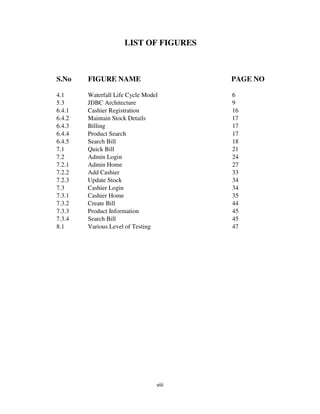 viii
LIST OF FIGURES
S.No FIGURE NAME PAGE NO
4.1 Waterfall Life Cycle Model 6
5.3 JDBC Architecture 9
6.4.1 Cashier Registration 16
6.4.2 Maintain Stock Details 17
6.4.3 Billing 17
6.4.4 Product Search 17
6.4.5 Search Bill 18
7.1 Quick Bill 21
7.2 Admin Login 24
7.2.1 Admin Home 27
7.2.2 Add Cashier 33
7.2.3 Update Stock 34
7.3 Cashier Login 34
7.3.1 Cashier Home 35
7.3.2 Create Bill 44
7.3.3 Product Information 45
7.3.4 Search Bill 45
8.1 Various Level of Testing 47
 