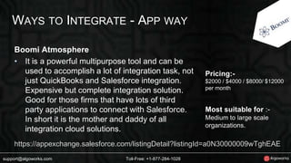 WAYS TO INTEGRATE - APP WAY 
Boomi Atmosphere 
• It is a powerful multipurpose tool and can be 
used to accomplish a lot of integration task, not 
just QuickBooks and Salesforce integration. 
Expensive but complete integration solution. 
Good for those firms that have lots of third 
party applications to connect with Salesforce. 
In short it is the mother and daddy of all 
integration cloud solutions. 
support@algoworks.com Toll-Free: +1-877-284-1028 
Pricing:- 
$2000 / $4000 / $8000/ $12000 
per month 
Most suitable for :- 
Medium to large scale 
organizations. 
https://appexchange.salesforce.com/listingDetail?listingId=a0N30000009wTghEAE 
 