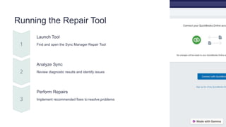 Running the Repair Tool
Launch Tool
Find and open the Sync Manager Repair Tool
Analyze Sync
Review diagnostic results and identify issues
Perform Repairs
Implement recommended fixes to resolve problems
 