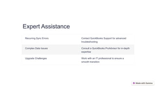 Expert Assistance
Recurring Sync Errors Contact QuickBooks Support for advanced
troubleshooting
Complex Data Issues Consult a QuickBooks ProAdvisor for in-depth
expertise
Upgrade Challenges Work with an IT professional to ensure a
smooth transition
 