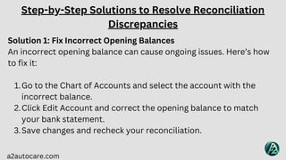 a2autocare.com
Solution 1: Fix Incorrect Opening Balances
An incorrect opening balance can cause ongoing issues. Here’s how
to fix it:
Go to the Chart of Accounts and select the account with the
incorrect balance.
1.
Click Edit Account and correct the opening balance to match
your bank statement.
2.
Save changes and recheck your reconciliation.
3.
Step-by-Step Solutions to Resolve Reconciliation
Discrepancies
 