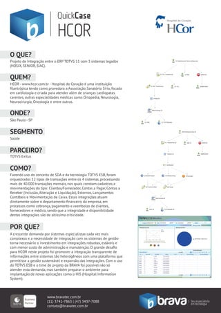 QuickCase
                             HCOR
O QUE?
Projeto de Integração entre o ERP TOTVS 11 com 3 sistemas legados
(HOSIX, SENIOR, SIAC).


QUEM?
HCOR - www.hcor.com.br - Hospital do Coração é uma instituição
ﬁlantrópica tendo como provedora a Associação Sanatório Sírio, focada
em cardiologia e criada para atender além de crianças cardiopatas
carentes, outras especialidades médicas como Ortopedia, Neurologia,
Neurocirurgia, Oncologia e entre outras.


ONDE?
São Paulo - SP


SEGMENTO
Saúde


PARCEIRO?
TOTVS Exitus


COMO?
Fazendo uso do conceito de SOA e da tecnologia TOTVS ESB, foram
orquestrados 12 tipos de transações entre os 4 sistemas, processando
mais de 40.000 transações mensais, nos quais constam cadastros e
movimentações do tipo: Clientes/Fornecedor, Contas a Pagar, Contas a
Receber (Inclusão, Alteração e Liquidação), Estornos, Lançamentos
Contábeis e Movimentação de Caixa. Essas integrações atuam
diretamente sobre o departamento ﬁnanceiro da empresa, em
processos como cobrança, pagamento e reembolso de clientes,
fornecedores e médico, sendo que a integridade e disponibilidade
destas integrações são de altíssima criticidade.


POR QUE?
A crescente demanda por sistemas especialistas cada vez mais
complexos e a necessidade de integração com os sistemas de gestão
torna necessário o investimento em integrações robustas, estáveis e
com menor custo de administração e manutenção. O grande desaﬁo
para HCOR neste projeto foi promover a integração transparente de
informações entre sistemas tão heterogêneos com uma plataforma que
permitisse a gestão sustentável e expansão das integrações. Com o uso
do TOTVS ESB e o time de projeto da BRAVA foi possível não só
atender esta demanda, mas também preparar o ambiente para
implantação de novas aplicações como o HIS (Hospital Information
System).



                      www.bravatec.com.br
                      (11) 3741-7863 | (47) 3437-7088
                      contato@bravatec.com.br
 