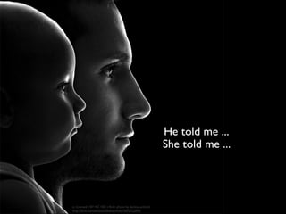 He told me ...
She told me ...

cc licensed ( BY NC ND ) ﬂickr photo by dankos-unlmtd:
http://ﬂickr.com/photos/deskounlmtd/3695922896/

 