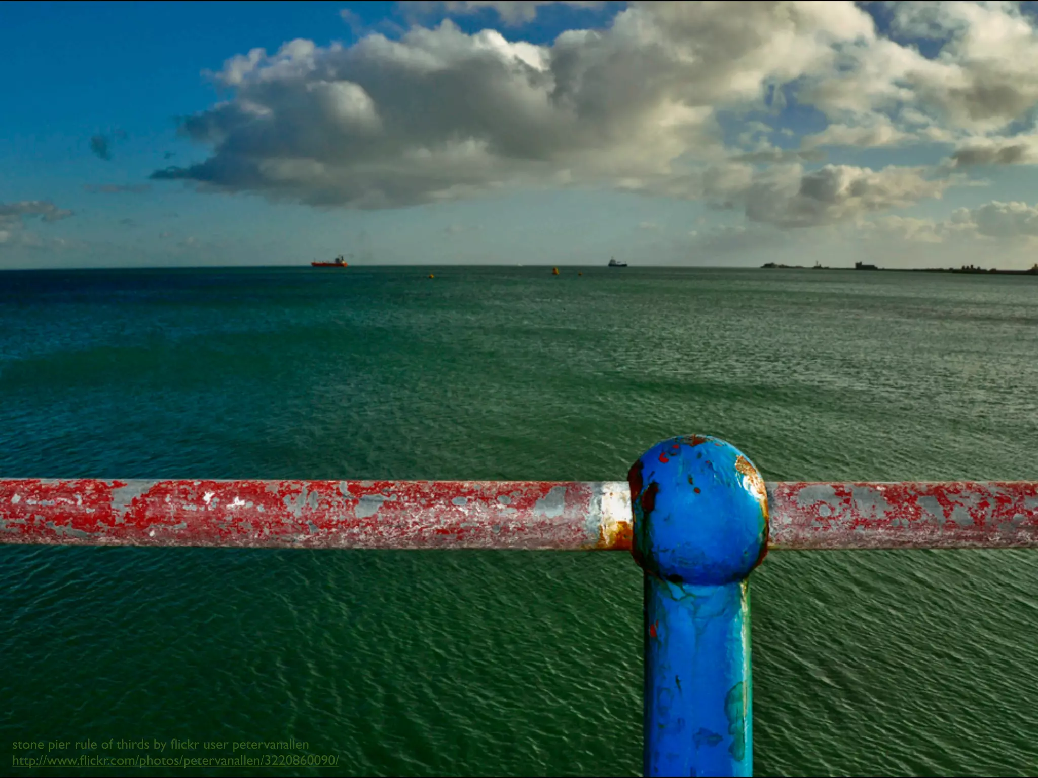 stone pier rule of thirds by ﬂickr user petervanallen
http://www.ﬂickr.com/photos/petervanallen/3220860090/
 