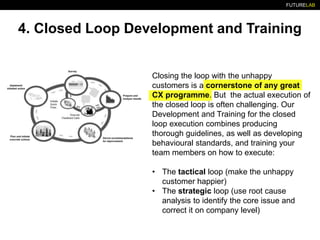 FUTURELAB
4. Closed Loop Development and Training
Closing the loop with the unhappy
customers is a cornerstone of any great
CX programme. But the actual execution of
the closed loop is often challenging. Our
Development and Training for the closed
loop execution combines producing
thorough guidelines, as well as developing
behavioural standards, and training your
team members on how to execute:
• The tactical loop (make the unhappy
customer happier)
• The strategic loop (use root cause
analysis to identify the core issue and
correct it on company level)
 