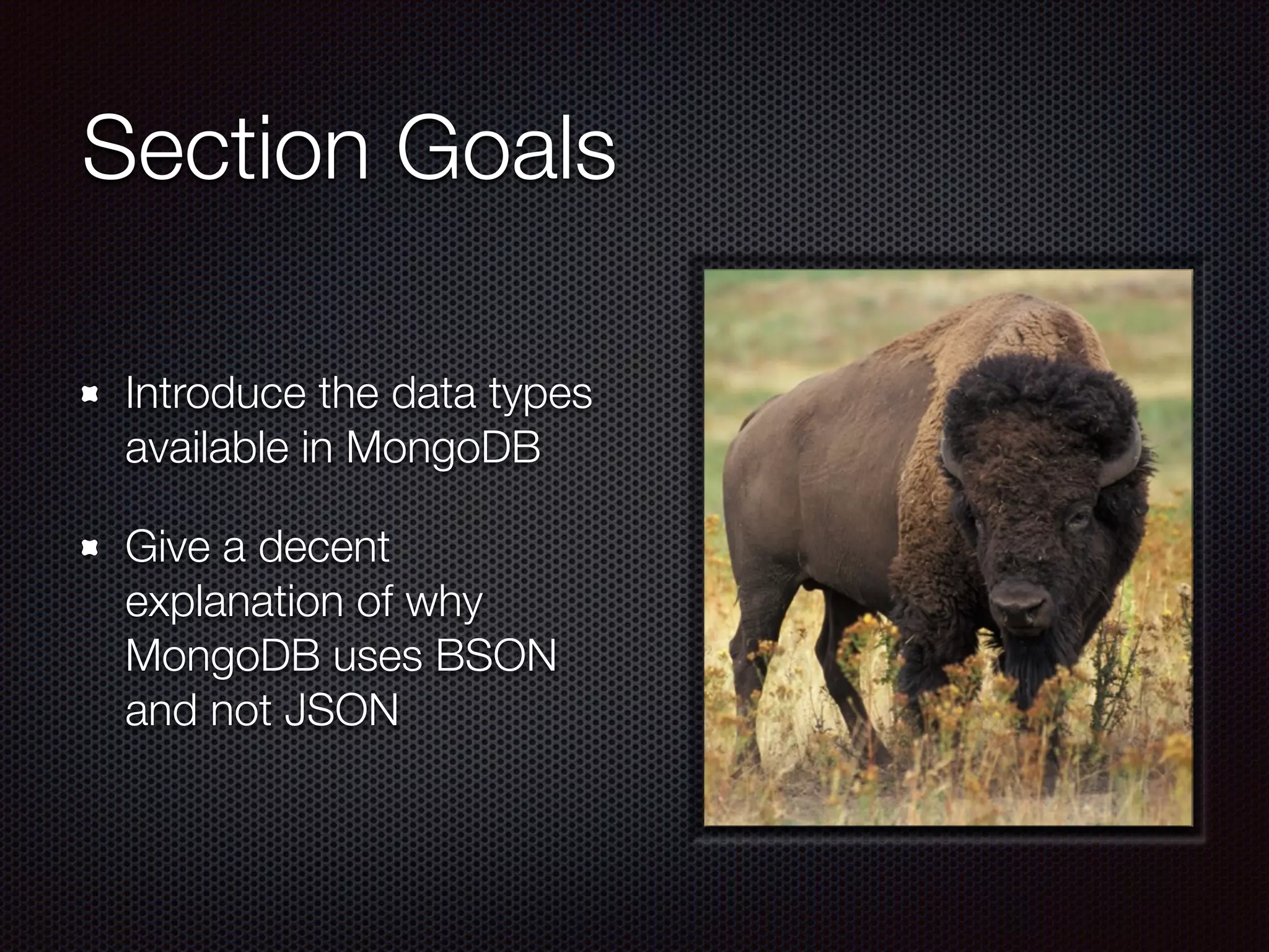 Section Goals
Introduce the data types
available in MongoDB
Give a decent
explanation of why
MongoDB uses BSON
and not JSON
 
