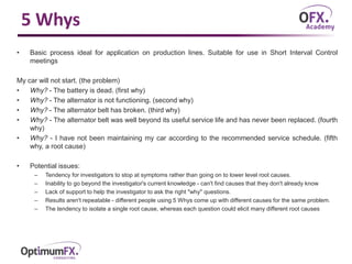 5 Whys
• Basic process ideal for application on production lines. Suitable for use in Short Interval Control
meetings
My car will not start. (the problem)
• Why? - The battery is dead. (first why)
• Why? - The alternator is not functioning. (second why)
• Why? - The alternator belt has broken. (third why)
• Why? - The alternator belt was well beyond its useful service life and has never been replaced. (fourth
why)
• Why? - I have not been maintaining my car according to the recommended service schedule. (fifth
why, a root cause)
• Potential issues:
– Tendency for investigators to stop at symptoms rather than going on to lower level root causes.
– Inability to go beyond the investigator's current knowledge - can't find causes that they don't already know
– Lack of support to help the investigator to ask the right "why" questions.
– Results aren't repeatable - different people using 5 Whys come up with different causes for the same problem.
– The tendency to isolate a single root cause, whereas each question could elicit many different root causes
 