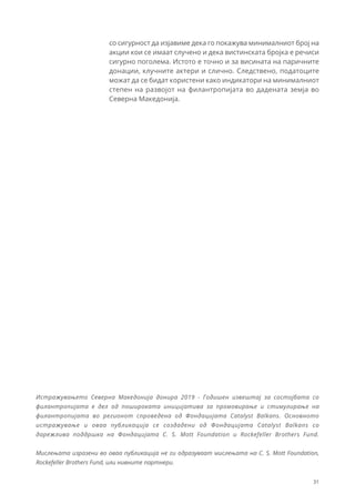 31
Истражувањето Северна Македонија донира 2019 - Годишен извештај за состојбата со
филантропијата е дел од пошироката иницијатива за промовирање и стимулирање на
филантропијата во регионот спроведена од Фондацијата Catalyst Balkans. Основното
истражување и оваа публикација се создадени од Фондацијата Catalyst Balkans со
дарежлива поддршка на Фондацијата C. S. Mott Foundation и Rockefeller Brothers Fund.
Мислењата изразени во оваа публикација не ги одразуваат мислењата на C. S. Mott Foundation,
Rockefeller Brothers Fund, или нивните партнери.
со сигурност да изјавиме дека го покажува минималниот број на
акции кои се имаат случено и дека вистинската бројка е речиси
сигурно поголема. Истото е точно и за висината на паричните
донации, клучните актери и слично. Следствено, податоците
можат да се бидат користени како индикатори на минималниот
степен на развојот на филантропијата во дадената земја во
Северна Македонија.
 