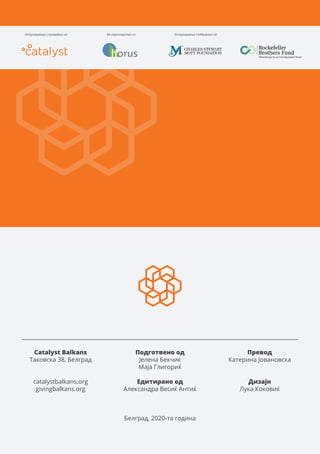Catalyst Balkans
Таковска 38, Белград
catalystbalkans.org
givingbalkans.org
Подготвено од
Јелена Бекчиќ
Маја Глигориќ
Едитирано од
Александра Весиќ Антиќ
Белград, 2020-та година
Превод
Катерина Јовановска
Дизајн
Лука Коковиќ
Во партнерство соИстражување спроведено од Истражување поддржано од
 