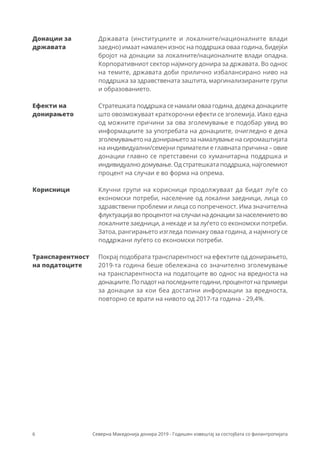 6 Северна Македонија донира 2019 - Годишен извештај за состојбата со филантропијата
Државата (институциите и локалните/националните влади
заедно) имаат намален износ на поддршка оваа година, бидејќи
бројот на донации за локалните/националните влади опадна.
Корпоративниот сектор најмногу донира за државата. Во однос
на темите, државата доби прилично избалансирано ниво на
поддршка за здравствената заштита, маргинализираните групи
и образованието.
Стратешката поддршка се намали оваа година, додека донациите
што овозможуваат краткорочни ефекти се зголемија. Иако една
од можните причини за ова зголемување е подобар увид во
информациите за употребата на донациите, очигледно е дека
зголемувањето на донирањето за намалување на сиромаштијата
на индивидуални/семејни приматели е главната причина – овие
донации главно се претставени со хуманитарна поддршка и
индивидуално домување. Од стратешката поддршка, најголемиот
процент на случаи е во форма на опрема.
Клучни групи на корисници продолжуваат да бидат луѓе со
економски потреби, население од локални заедници, лица со
здравствени проблеми и лица со попреченост. Има значителна
флуктуација во процентот на случаи на донации за населението во
локалните заедници, а некаде и за луѓето со економски потреби.
Затоа, рангирањето изгледа поинаку оваа година, а најмногу се
поддржани луѓето со економски потреби.
Покрај подобрата транспарентност на ефектите од донирањето,
2019-та година беше обележана со значително зголемување
на транспарентноста на податоците во однос на вредноста на
донациите.Попадотнапоследнитегодини,процентотнапримери
за донации за кои беа достапни информации за вредноста,
повторно се врати на нивото од 2017-та година - 29,4%.
Донации за
државата
Ефекти на
донирањето
Корисници
Транспарентност
на податоците
 