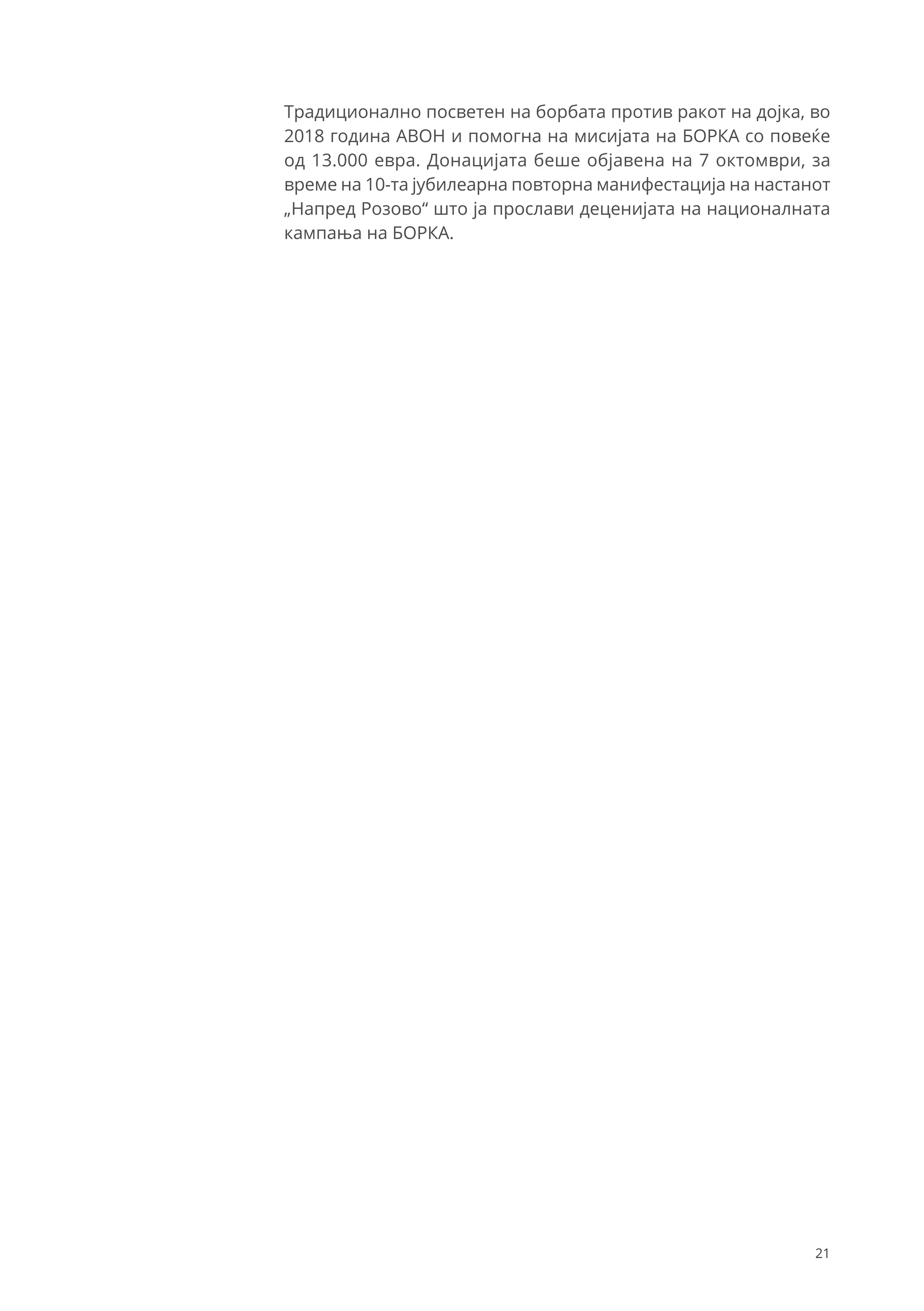 21
Традиционално посветен на борбата против ракот на дојка, во
2018 година АВОН и помогна на мисијата на БОРКА со повеќе
од 13.000 евра. Донацијата беше објавена на 7 октомври, за
време на 10-та јубилеарна повторна манифестација на настанот
„Напред Розoво“ што ја прослави деценијата на националната
кампања на БОРКА.
 
