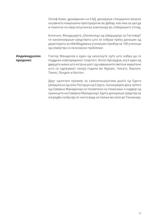 13
Латиф Ками, државјанин на САД, донираше специјално возило
на Јавното комунално претпријатие во Дебар, кое има за цел да
и помогне на оваа општинска компанија во собирањето отпад.
Конечно, Фондацијата „Иселеници од Швајцарија за Гостивар“
ги канализираше средствата што се собраа преку донации од
дијаспората за обезбедување училишен прибор за 100 ученици
од семејства со економски проблеми.
Глигор Мандалов е еден од неколкуте луѓе што избра да го
поддржи извонредниот спортист, Ангел Арнаудов, кој е еден од
двајцата мажи што истрча шест од најважните светски маратони
што се одржуваат секоја година во Њујорк, Чикаго, Берлин,
Токио, Лондон и Бостон .
Друг одличен пример за самоиницијатива доаѓа од Едита
Џемајлоска од село Погорци кај Струга, покажувајќи дека луѓето
од Северна Македонија се посветени на помагање и надвор од
границите на Северна Македонија. Едита донираше средства за
изградба на бунар со чиста вода за пиење во село во Танзанија.
Индивидуален
придонес
 