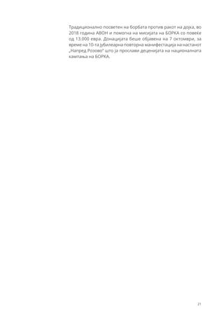 21
Традиционално посветен на борбата против ракот на дојка, во
2018 година АВОН и помогна на мисијата на БОРКА со повеќе
од 13.000 евра. Донацијата беше објавена на 7 октомври, за
време на 10-та јубилеарна повторна манифестација на настанот
„Напред Розoво“ што ја прослави деценијата на националната
кампања на БОРКА.
 