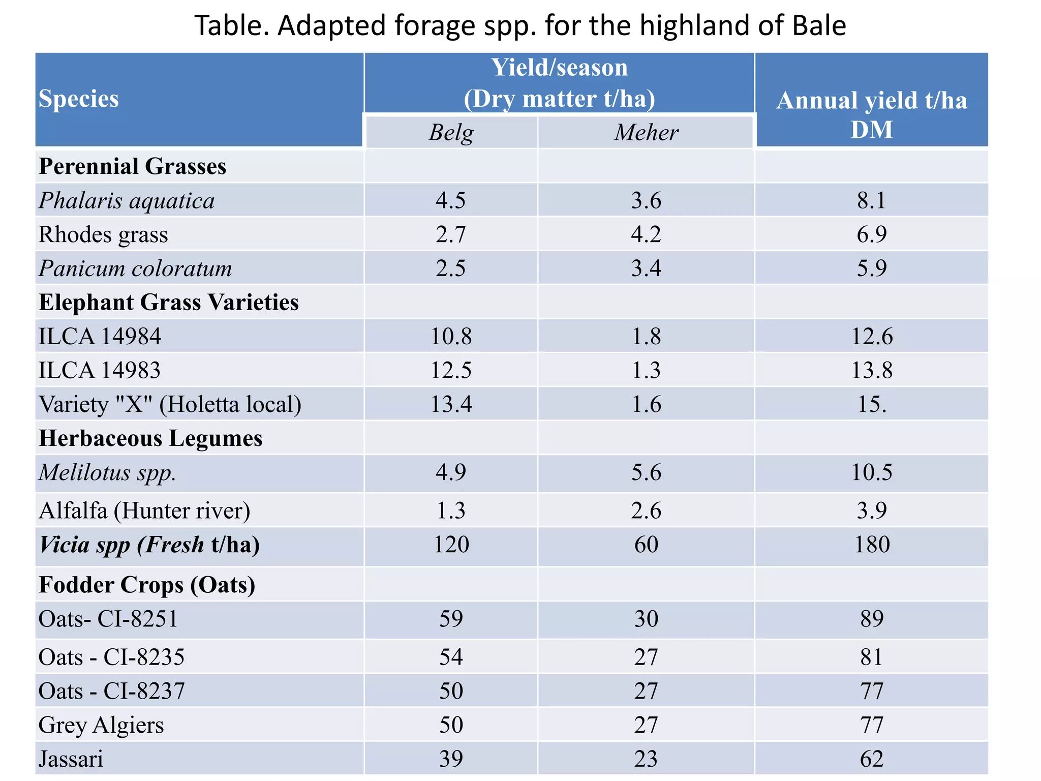 Table. Adapted forage spp. for the highland of Bale
                                           Yield/season
Species                                  (Dry matter t/ha)    Annual yield t/ha
                                   Belg               Meher        DM
Perennial Grasses
Phalaris aquatica                  4.5                 3.6             8.1
Rhodes grass                       2.7                 4.2             6.9
Panicum coloratum                  2.5                 3.4             5.9
Elephant Grass Varieties
ILCA 14984                         10.8                1.8             12.6
ILCA 14983                         12.5                1.3             13.8
Variety "X" (Holetta local)        13.4                1.6              15.
Herbaceous Legumes
Melilotus spp.                     4.9                 5.6             10.5
Alfalfa (Hunter river)             1.3                 2.6             3.9
Vicia spp (Fresh t/ha)             120                 60              180
Fodder Crops (Oats)
Oats- CI-8251                       59                  30             89
Oats - CI-8235                      54                  27             81
Oats - CI-8237                      50                  27             77
Grey Algiers                        50                  27             77
Jassari                             39                  23             62
 