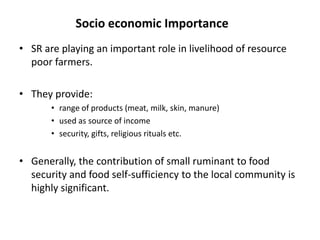 Socio economic Importance
• SR are playing an important role in livelihood of resource
  poor farmers.

• They provide:
       • range of products (meat, milk, skin, manure)
       • used as source of income
       • security, gifts, religious rituals etc.


• Generally, the contribution of small ruminant to food
  security and food self-sufficiency to the local community is
  highly significant.
 