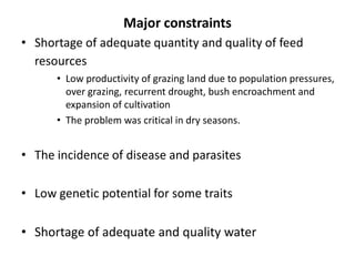 Major constraints
• Shortage of adequate quantity and quality of feed
  resources
      • Low productivity of grazing land due to population pressures,
        over grazing, recurrent drought, bush encroachment and
        expansion of cultivation
      • The problem was critical in dry seasons.


• The incidence of disease and parasites

• Low genetic potential for some traits

• Shortage of adequate and quality water
 