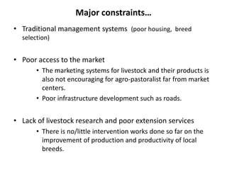 Major constraints…
• Traditional management systems (poor housing, breed
  selection)


• Poor access to the market
       • The marketing systems for livestock and their products is
         also not encouraging for agro-pastoralist far from market
         centers.
       • Poor infrastructure development such as roads.


• Lack of livestock research and poor extension services
       • There is no/little intervention works done so far on the
         improvement of production and productivity of local
         breeds.
 
