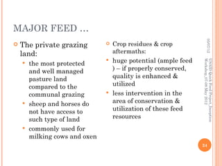 MAJOR FEED …




                                                                      05/07/12
   The private grazing          Crop residues & crop
    land:                         aftermaths:
                               huge potential (ample feed




                                                             Workshop_07-08 May 2012
                                                             USAID Quick Feed Project_Inception
     the most protected
      and well managed          ) – if properly conserved,
      pasture land              quality is enhanced &
      compared to the           utilized
      communal grazing         less intervention in the

     sheep and horses do       area of conservation &
      not have access to        utilization of these feed
      such type of land         resources
     commonly used for
      milking cows and oxen
                                                             24
 