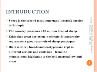 INTRODUCTION




                                                                    05/07/12
   Sheep is the second most important livestock species
    in Ethiopia




                                                           Workshop_07-08 May 2012
                                                           USAID Quick Feed Project_Inception
   The country possesses ≈ 26 million head of sheep
   Ethiopia’s great variation in climate & topography
    represents a good reservoir of sheep genotypes
   Diverse sheep breeds and ecotypes are kept in
    different regions and ecologies – from the
    mountainous highlands to the arid pastoral lowland
    areas
                                                           3
 