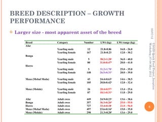 BREED DESCRIPTION – GROWTH
PERFORMANCE




                                                                                              05/07/12
   Larger size - most apparent asset of the breed

        Breed               Category          Number   LWt (kg)     LWt range (kg)




                                                                                     Workshop_07-08 May 2012
                                                                                     USAID Quick Feed Project_Inception
        Afar
                            Yearling male       12     21.8±0.86      16.8 – 26.0
                            Yearling female    167     21.0±0.23      12.8 – 30.2
        Bonga
                            Yearling male        5     38.2±1.20a     36.0 – 40.0
                            Yearling female     80     31.0±0.47b     20.0 – 41.0
        Horro
                            Yearling male       5      31.2±1.70a     25.0 – 35.0
                            Yearling female    148     26.5±0.31b     20.0 – 39.0

        Menz (Mehal Meda)   Yearling male       43     24.4±0.63a     14.6 – 38.5
                            Yearling female    105     20.8±0.42b     12.8 – 32.4

        Menz (Molale)       Yearling male       26     20.4±0.57a     13.4 – 25.6
                            Yearling female     87     18.1±0.31b     11.8 – 29.0

        Afar                Adult ewes         449     24.9±0.23a     13.6 – 38.6
        Bonga               Adult ewes         357     36.3±0.26b     25.0 – 55.0
        Horro               Adult ewes         727     33.4±0.18c     21.0 – 56.0    8
        Menz (Mehal Meda)   Adult ewes         497     23.6±0.16d     15.0 – 35.0
        Menz (Molale)       Adult ewes         298     21.3±0.20f     13.6 – 29.0
 