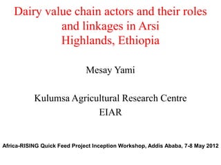 Dairy value chain actors and their roles
             and linkages in Arsi
             Highlands, Ethiopia

                              Mesay Yami

           Kulumsa Agricultural Research Centre
                         EIAR


Africa-RISING Quick Feed Project Inception Workshop, Addis Ababa, 7-8 May 2012
 