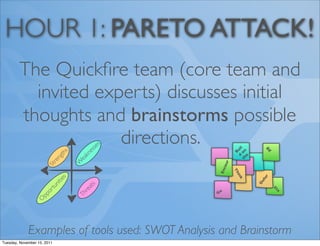 HOUR 1: PARETO ATTACK!
        The Quickﬁre team (core team and
          invited experts) discusses initial
        thoughts and brainstorms possible
                     directions.
                                           es
                                          ss




                                                             d uil




                                                                        BE
                           


                                                           th on
                               hs



                                          e




                                                               B
                                       kn
                             gt




                                                             e
                                     ea
                           n
                        re


                                    W




                                                       r
                                                   c ou
                      St




                                                  En

                                                           Th
                                                            in




                                                                        er
                               s




                                                             k
                             itie




                                                                      ef
                                                                     D
                          n




                                          s
                                        at
                       tu




                                                                             St
                                      re




                                                  Go
                     or




                                                                               a
                                     Th
                   pp
                 O




             Examples of tools used: SWOT Analysis and Brainstorm 
Tuesday, November 15, 2011
 