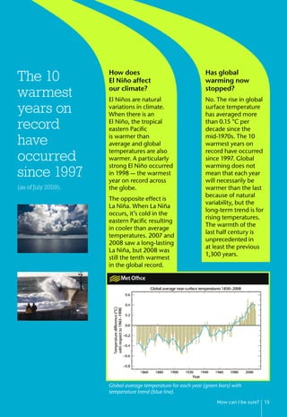 How does
El Niño affect
our climate?
El Niños are natural
variations in climate.
When there is an
El Niño, the tropical
eastern Pacific
is warmer than
average and global
temperatures are also
warmer. A particularly
strong El Niño occurred
in 1998 — the warmest
year on record across
the globe.
The opposite effect is
La Niña. When La Niña
occurs, it’s cold in the
eastern Pacific resulting
in cooler than average
temperatures. 2007 and
2008 saw a long-lasting
La Niña, but 2008 was
still the tenth warmest
in the global record.
Has global
warming now
stopped?
No. The rise in global
surface temperature
has averaged more
than 0.15 °C per
decade since the
mid-1970s. The 10
warmest years on
record have occurred
since 1997. Global
warming does not
mean that each year
will necessarily be
warmer than the last
because of natural
variability, but the
long-term trend is for
rising temperatures.
The warmth of the
last half century is
unprecedented in
at least the previous
1,300 years.
The 10
warmest
years on
record
have
occurred
since 1997
How can I be sure? 15
Global average temperature for each year (green bars) with
temperature trend (blue line).
(as of July 2009).
 