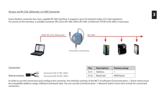 Access via RS-232, Ethernet, or USB Converter
Every Danfoss converter has a bus-capable RS-485 interface. It supports up to 32 network nodes (127 with repeaters).
For access to the interface, a suitable converter (RS-232 to RS-485, USB to RS-485, or Ethernet TCP/IP to RS-485) is necessary.
Connection
How to connect
In order to use the connection and configure the converter, the interface settings of the MCT 10 software (Communication -> Driver menu) must
be compatible (address range, COM port and baud rate). You can use the Communication -> Network Search menu item to look for connected
converters.
Terminal 68: P (RS-485)
Terminal 69: N (RS-485)
USB, RS-232, Ethernet RS-485
Interface converter
Par. Description Factory setup
8-31 Address 1
8-32 Baud rate 9600 baud
3
 