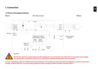 1. Connection
1.1 Power and supply terminals
	 Caution
	 The DC link capacitors retain dangerous DC voltages for a very long time even after disconnecting the mains supply.
	 The waiting times specified on the unit or in the product manual must be observed in any event.
For your own safety, only use suitable measuring equipment. For example, for measurements on frequency converters with mains
voltage of 380 to 480 V AC, use measuring equipment rated at category III 600 V or better (see IEC 61010-1).
1
91 (L1)
92 (L2)
93 (L3)
PE
88 (-)
89 (+)
10Vdc
15 mA 200mA
+ - + -
(U) 96
(V) 97
(W) 98
(PE) 99
Integr. Schaltnetzteil
DC-Bus
24Vdc
95
(R+) 82
(R-) 81
(Option)
Bremswiderstand
20135550 12
Steuerkarte
MCB 107
(Option)
(-)
35
(+)
36
DC-ZwischenkreisNetz MotorDC link circuitMains
Brake resistor
(option)
Control
Card
Integrated switch-
mode power supply
Motor
 