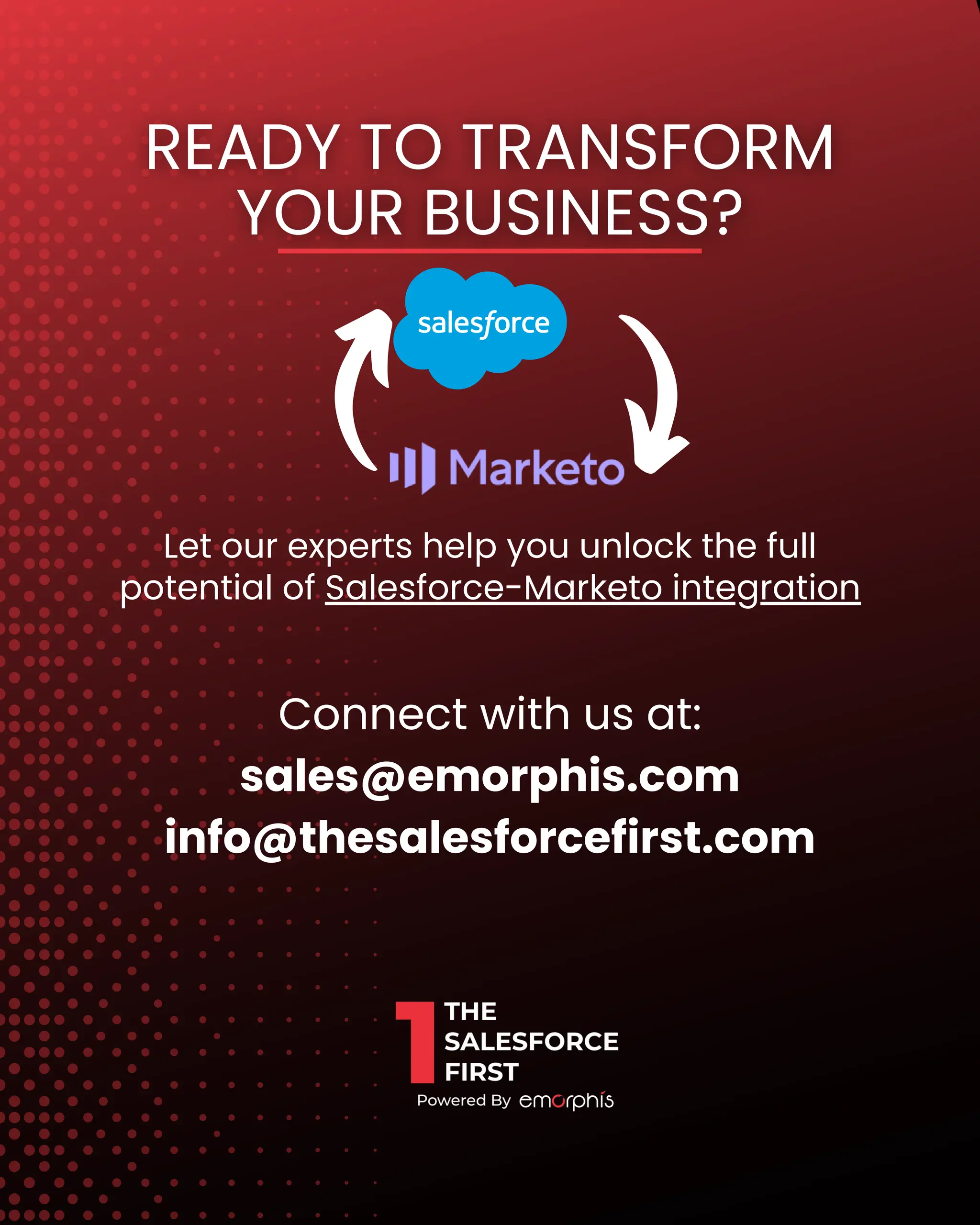 Let our experts help you unlock the full
potential of Salesforce-Marketo integration
Connect with us at:
sales@emorphis.com
info@thesalesforcefirst.com
 